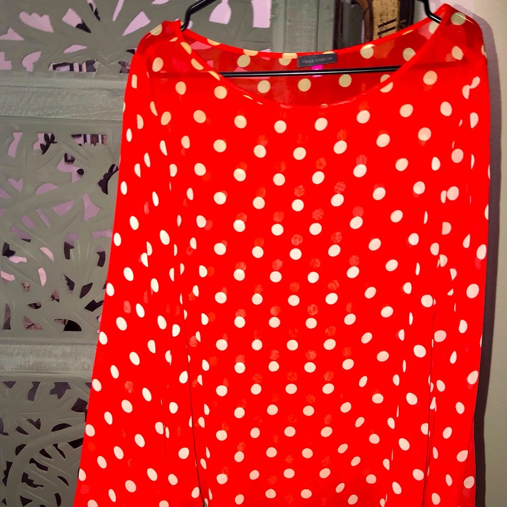 Vince Camuto bell arms orange white dots black blouse